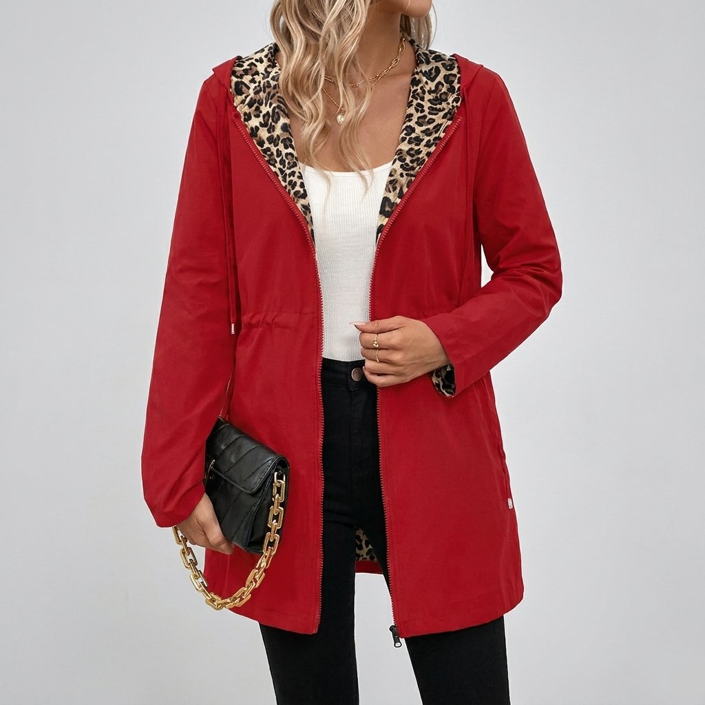 Women's Leopard-Lined Hooded Longline Jacket - Red