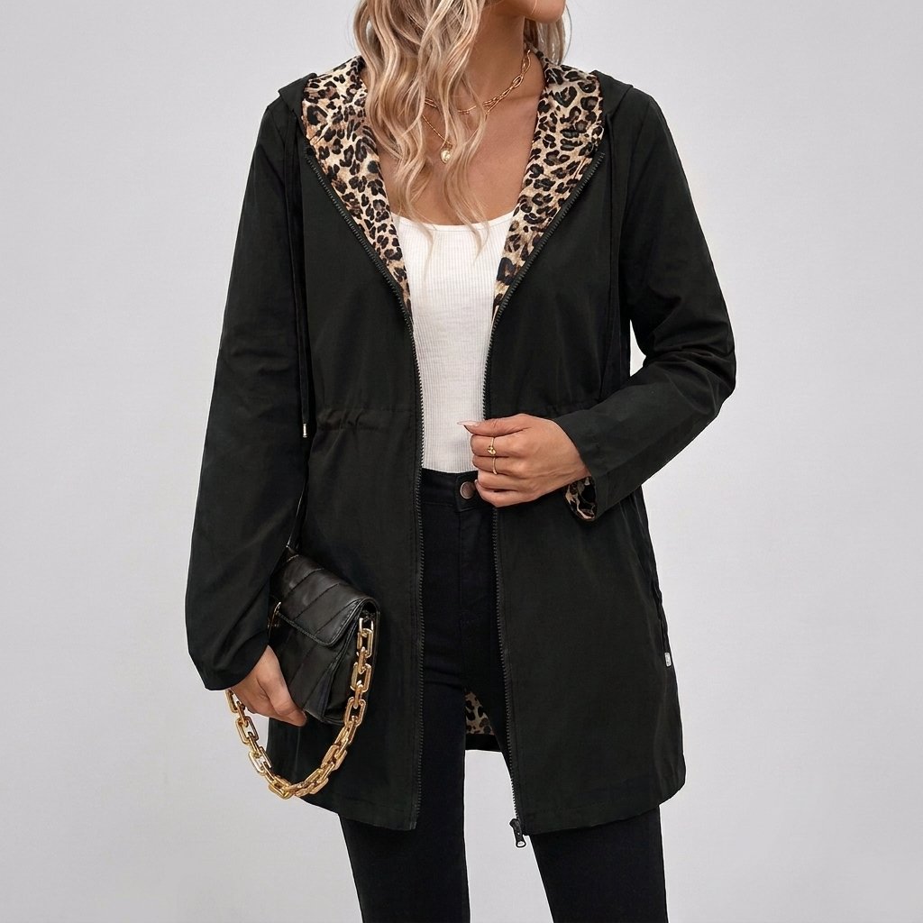 Women's Leopard-Lined Hooded Longline Jacket - Black