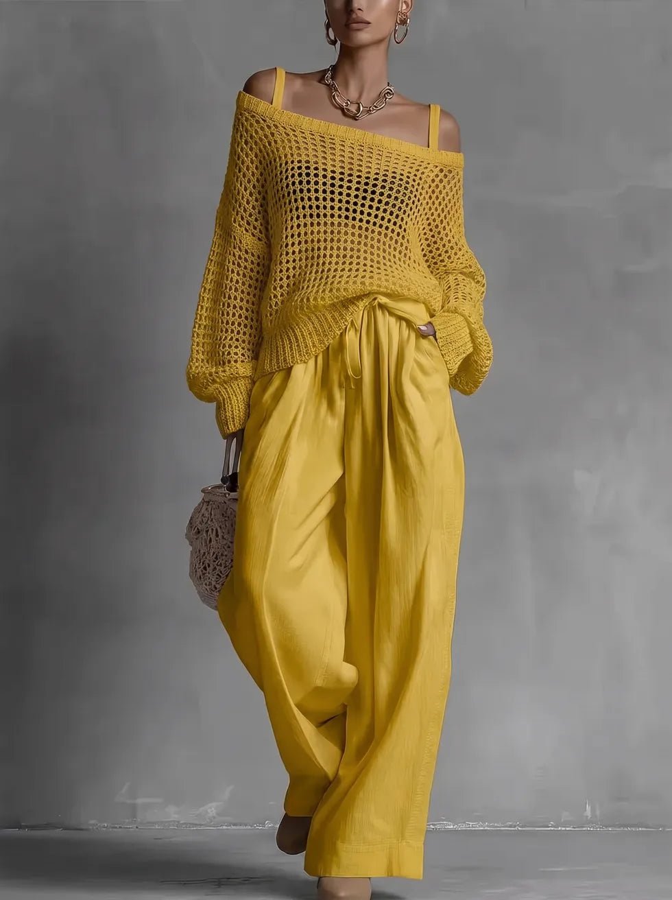 Women's Off-Shoulder Crochet Jumper - Yellow