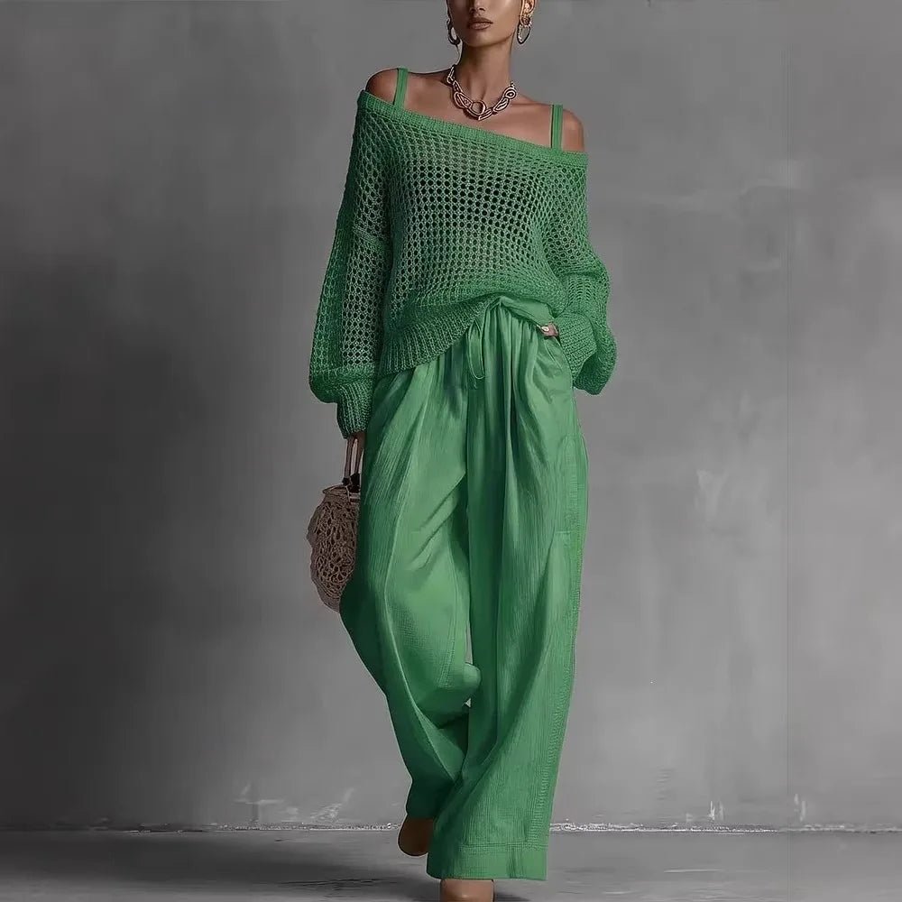 Women's Off-Shoulder Crochet Jumper - Green