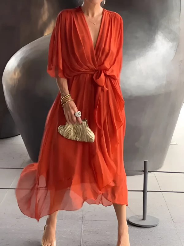 Women's Black V-Neck Chiffon Wrap Midi Dress - Red Orange