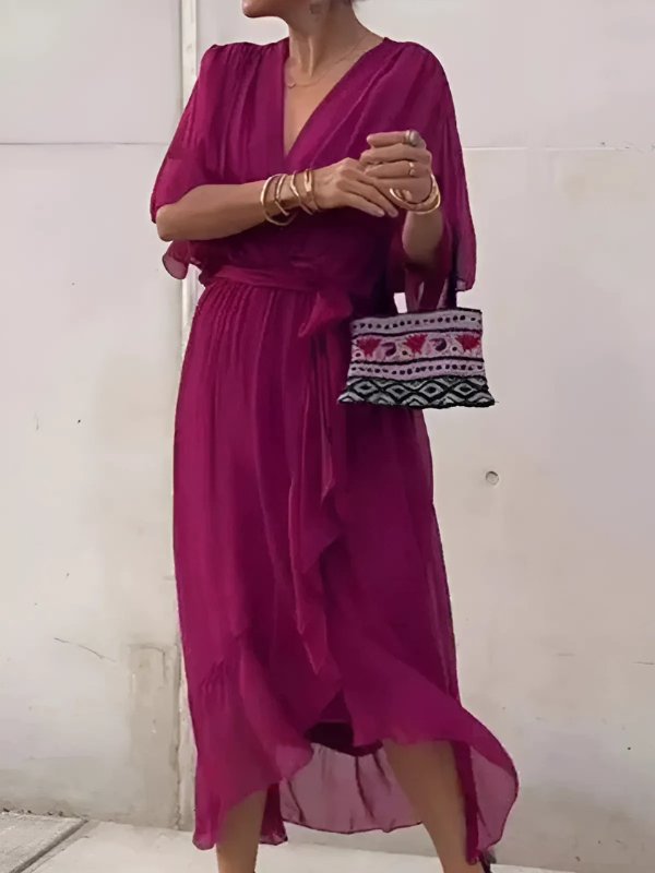 Women's Black V-Neck Chiffon Wrap Midi Dress - Violet