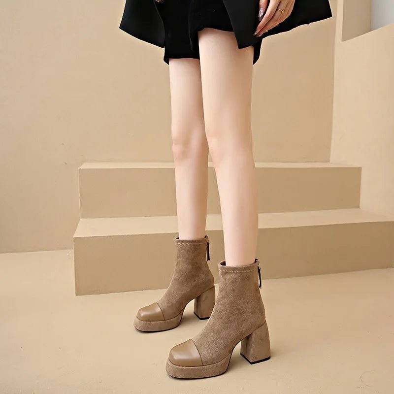 Women's Suede Platform Ankle Boots - Apricot