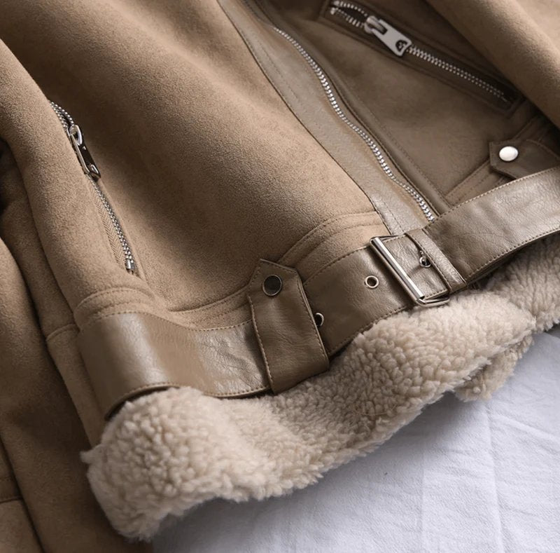 Women's Cropped Suede Aviator Belted Shearling Leather Jacket