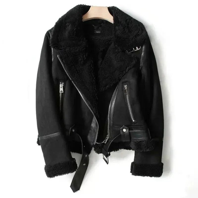 Women's Cropped Suede Aviator Belted Shearling Leather Jacket - Black