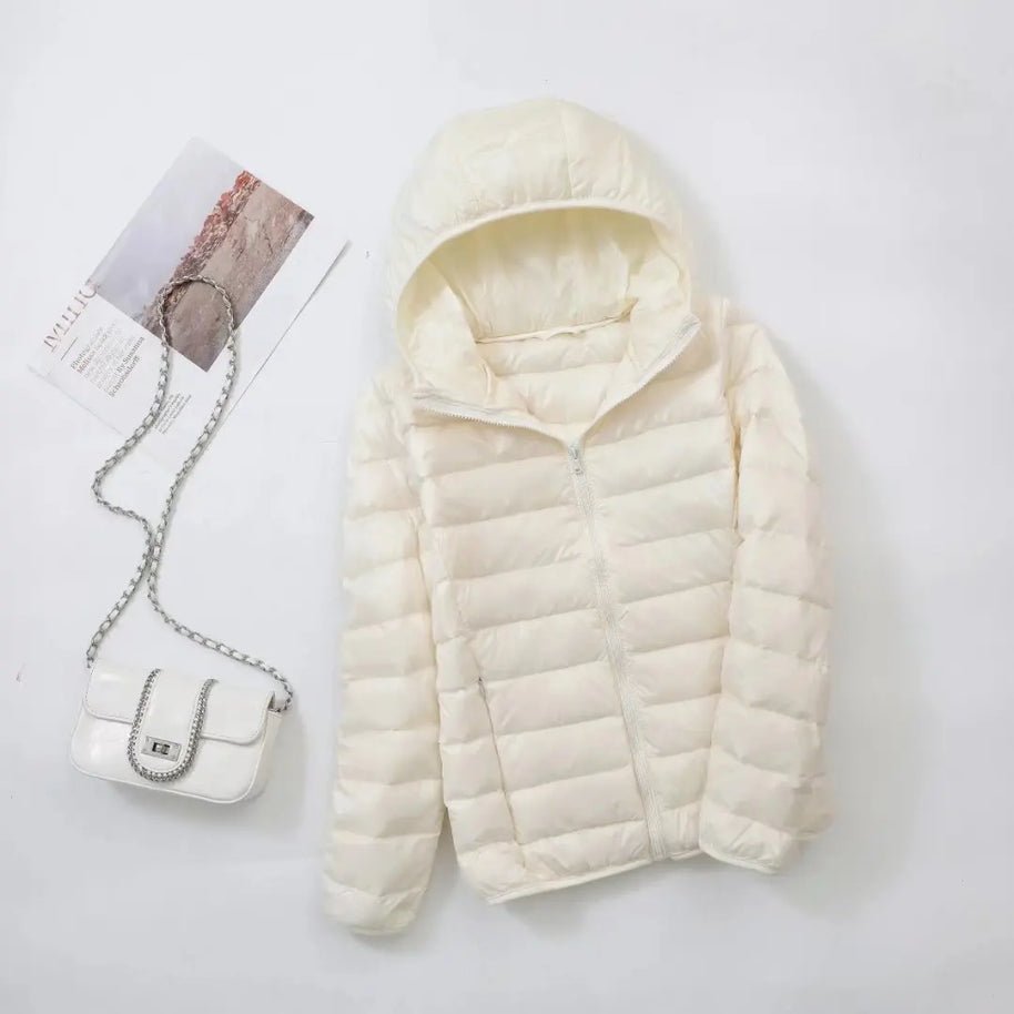 Women's Hooded Packable Puffer Jacket - Beige White