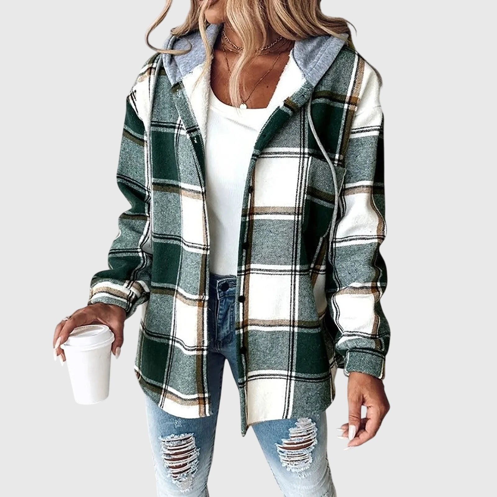 Women's Plaid Hooded Shacket - Green