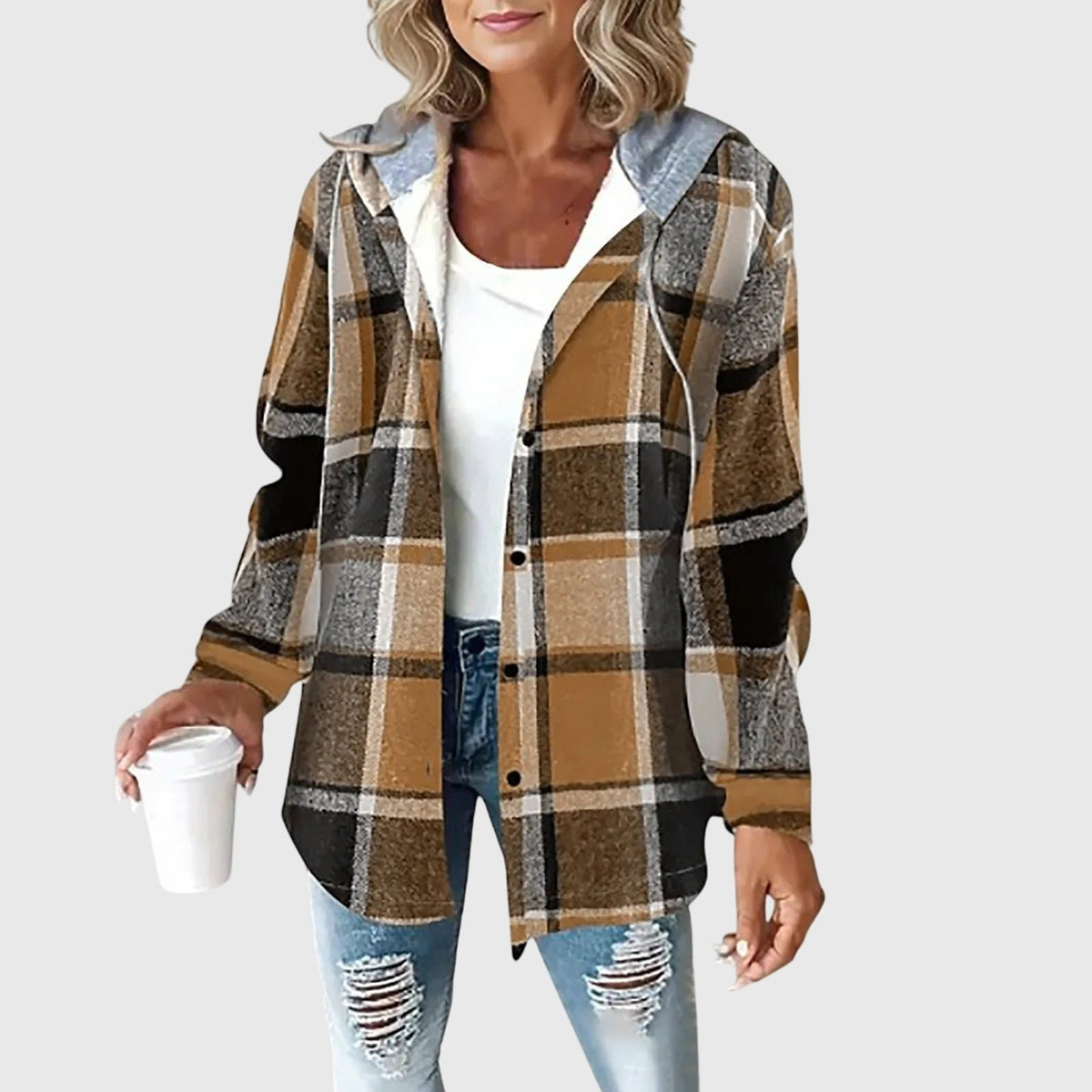 Women's Plaid Hooded Shacket - Brown