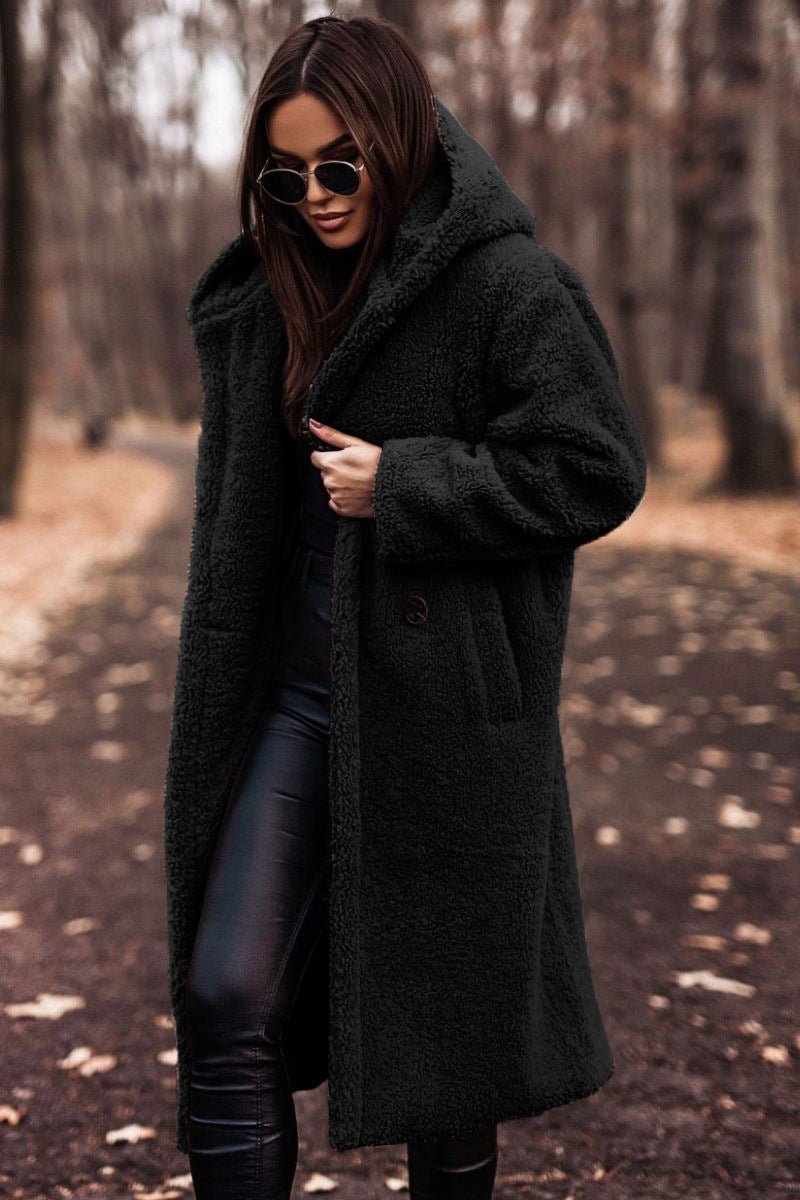 Women's Oversized Hooded Longline Teddy Coat - Black