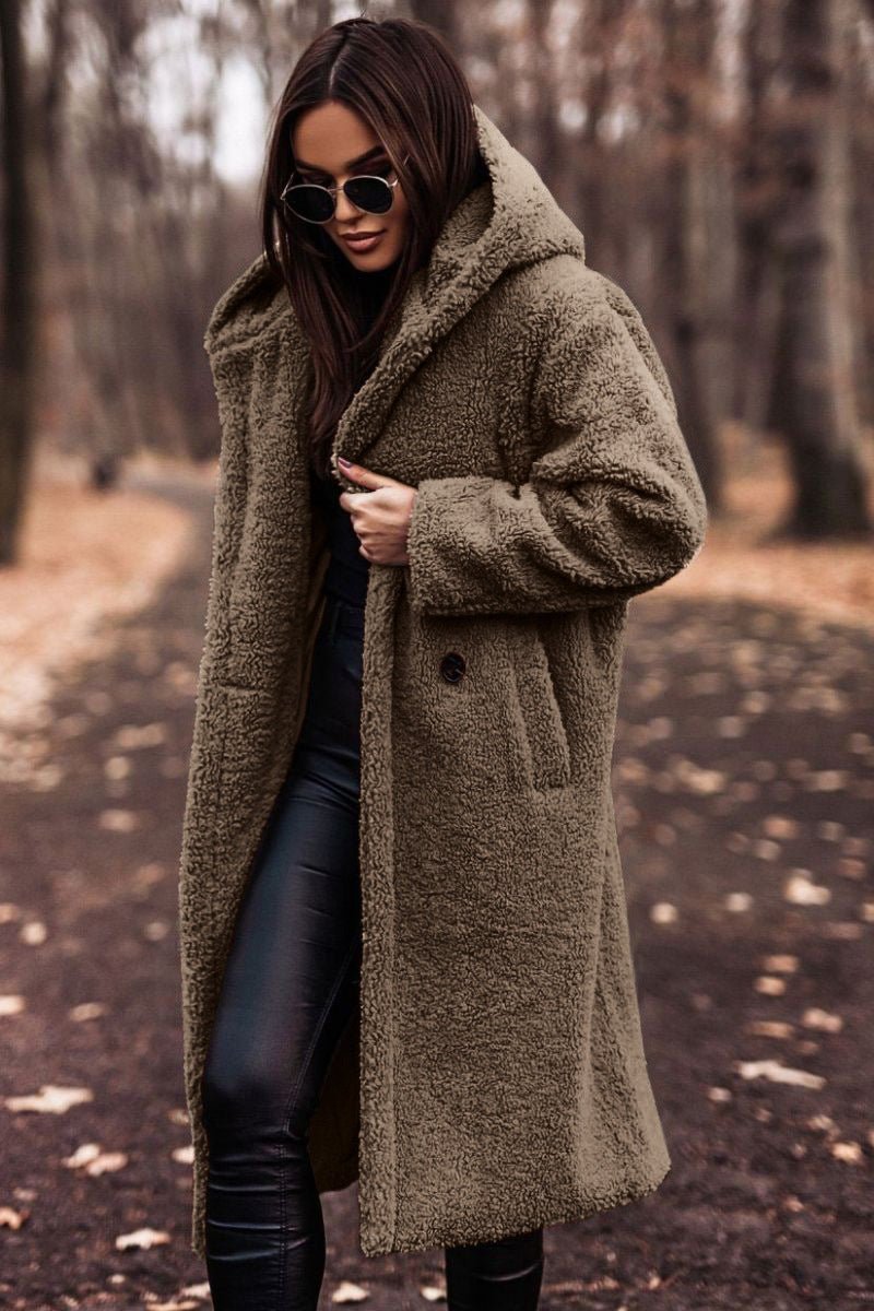 Women's Oversized Hooded Longline Teddy Coat - Khaki