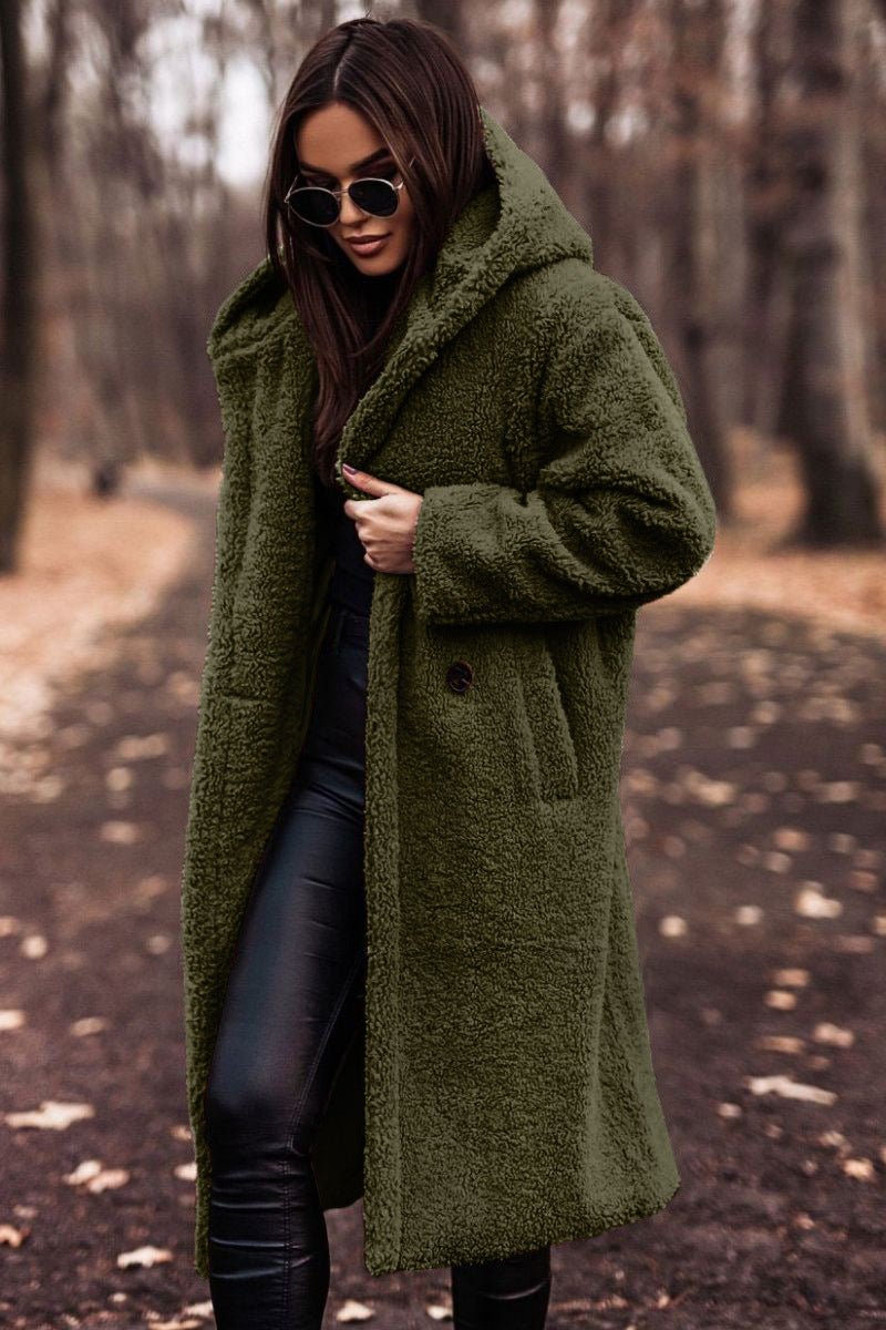 Women's Oversized Hooded Longline Teddy Coat - Dark Green