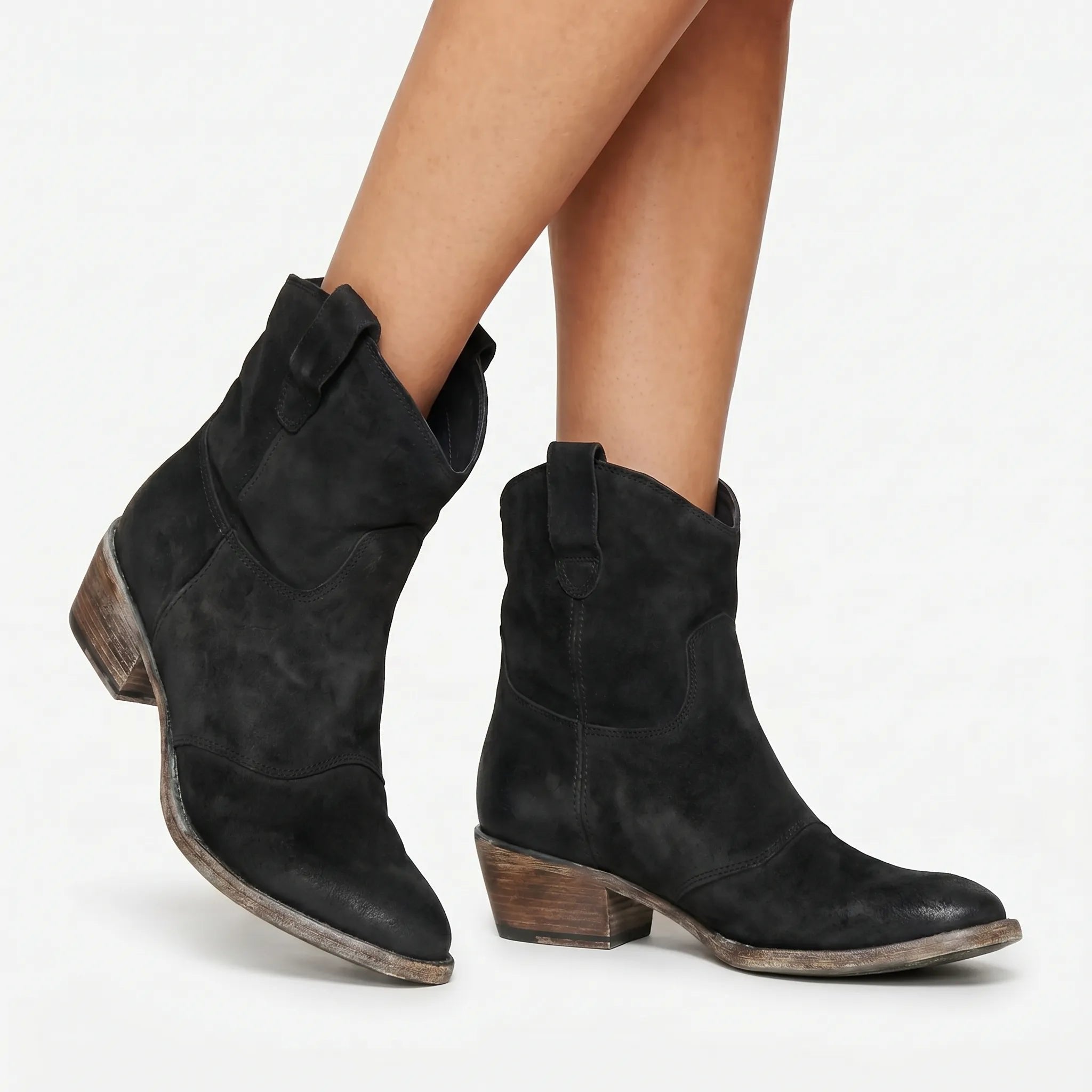 Women's Western Suede Ankle Boots - Black