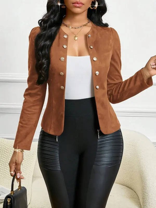Women's Faux Suede Collarless Cropped Blazer - Khaki