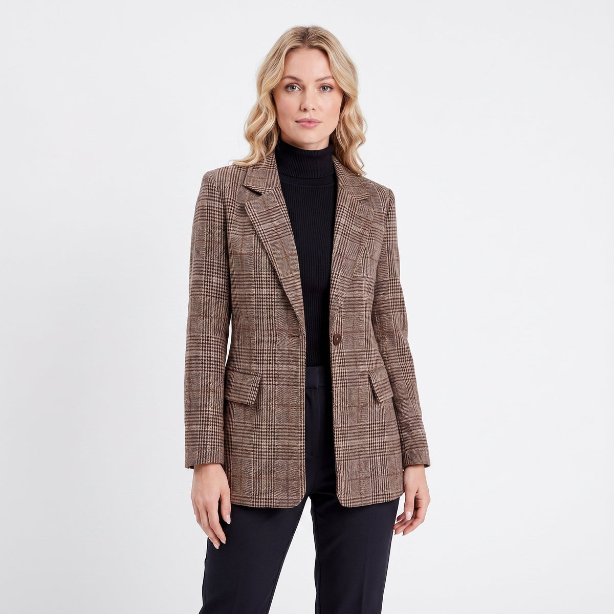 Women's Plaid Longline Wool Blazer - Brown