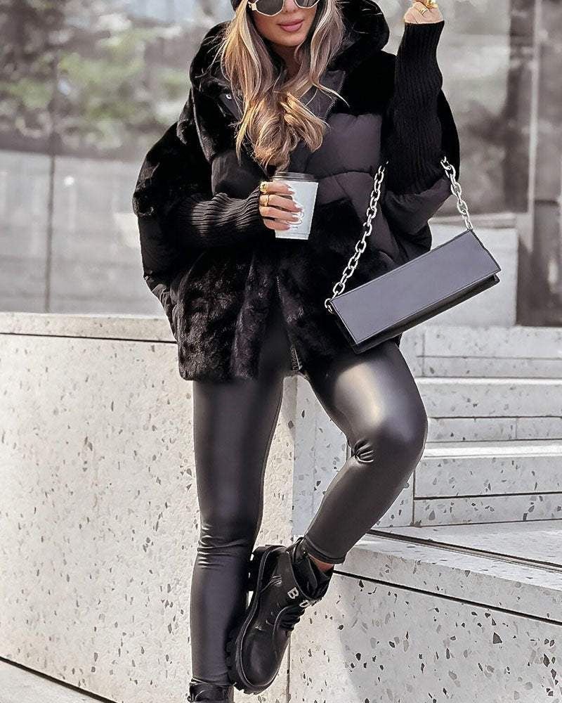 Women's Hooded Faux Fur Puffer Jacket - Black