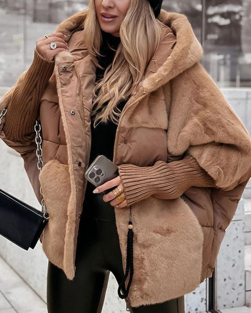 Women's Hooded Faux Fur Puffer Jacket - Brown