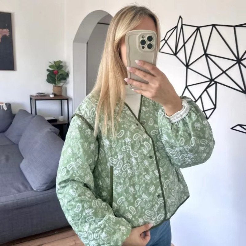Women's Quilted Paisley Bomber Jacket - Light Green