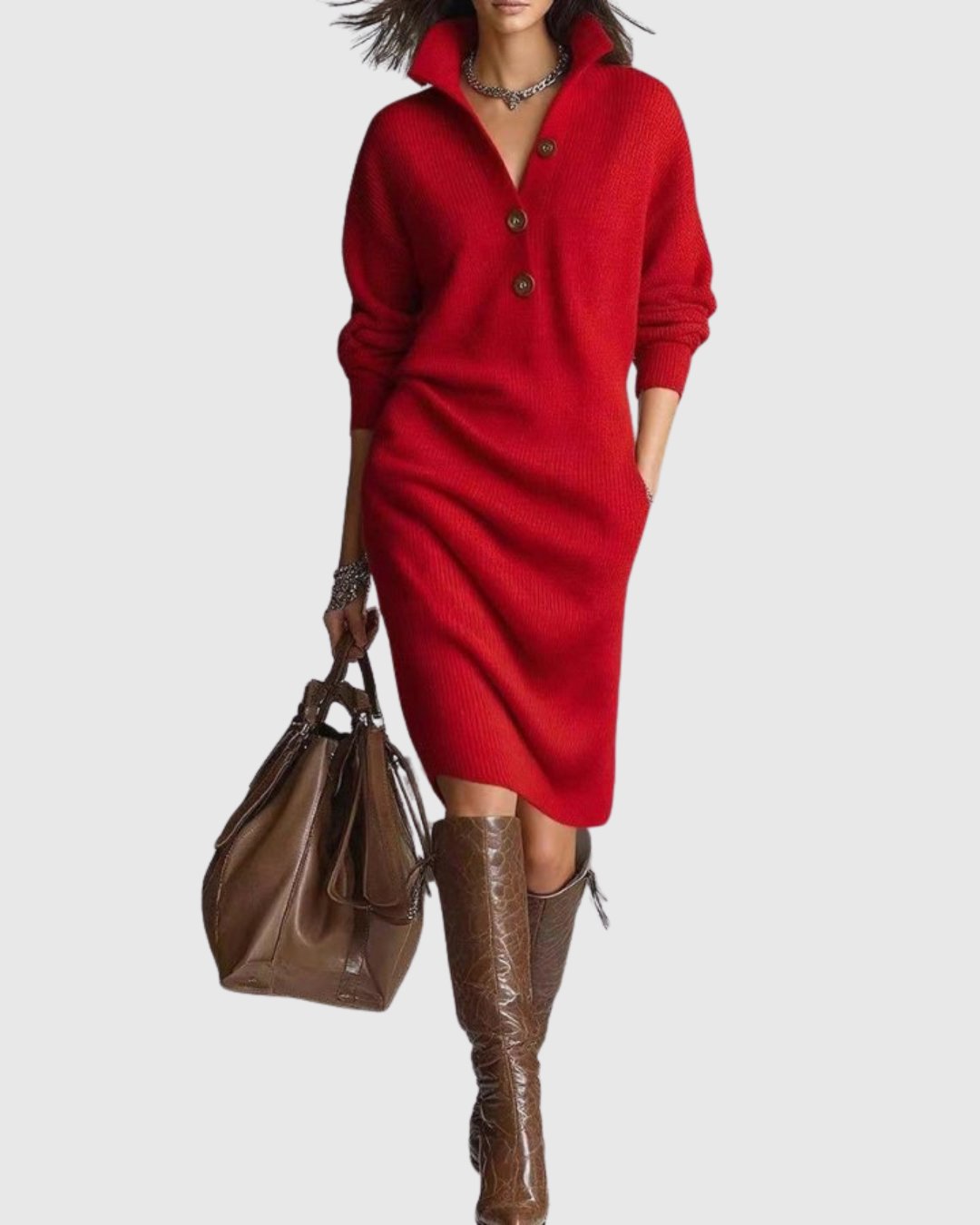 Women's Ribbed Midi Jumper Dress - Red
