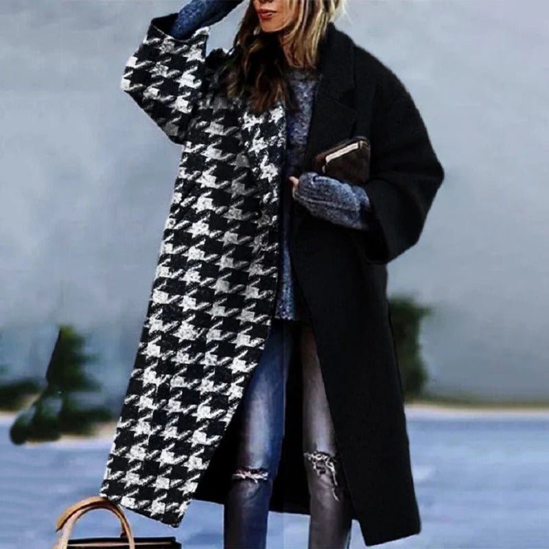 Women's Oversized Plaid Longline Wool Coat - Black