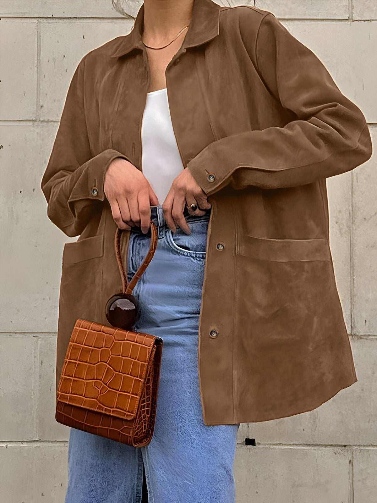 Women's Oversized Suede Chore Longline Jacket - Coffee Brown