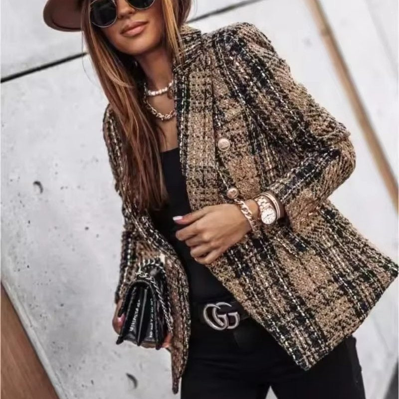 Women's Plaid Tweed Blazer - Brown