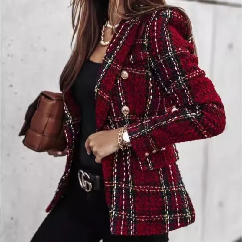Women's Plaid Tweed Blazer - Burgundy