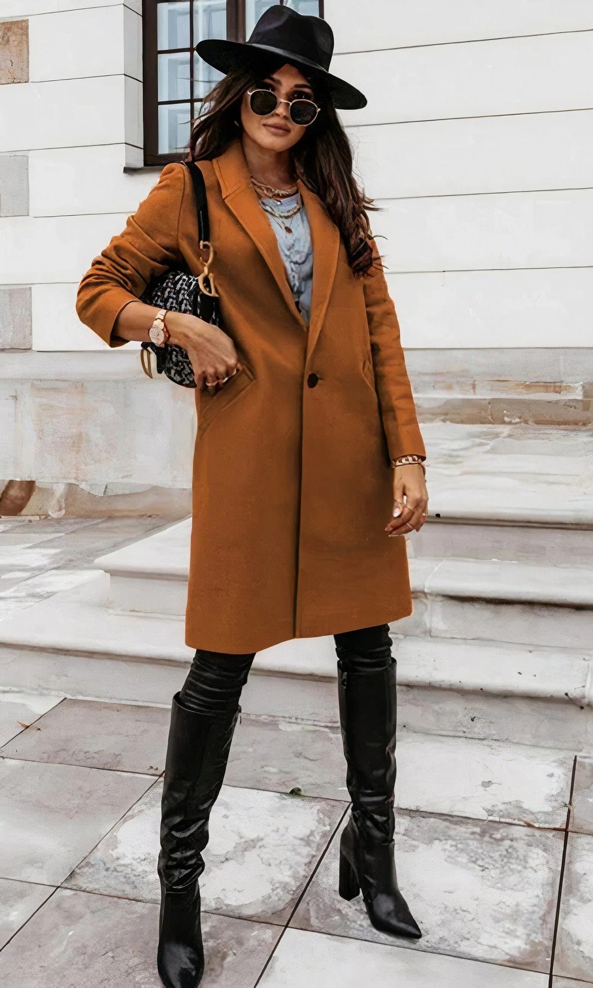 Women's Midi Belted Longline Wool Coat - Brown