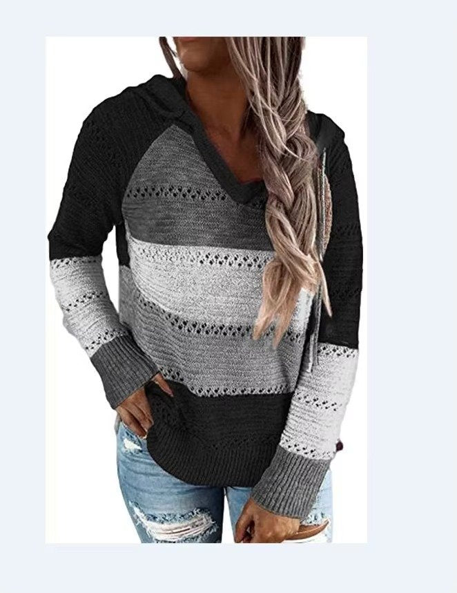 Women's Striped Knit Hoodie - Black