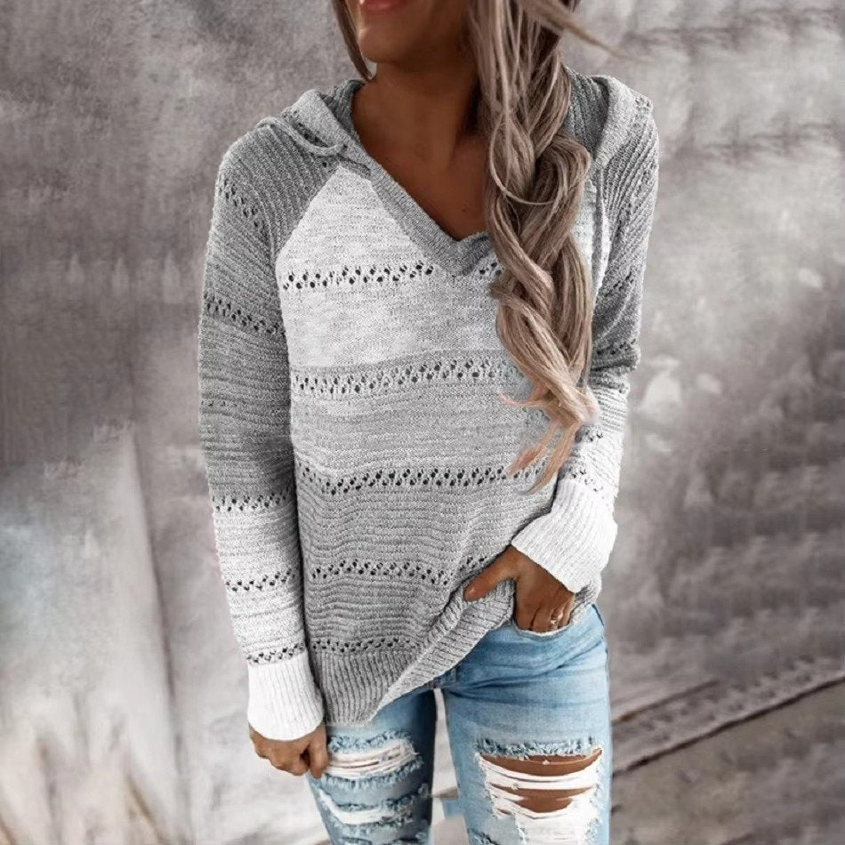 Women's Striped Knit Hoodie - Gray
