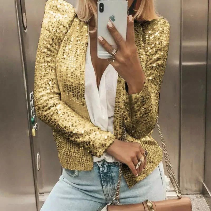 Women's Slim Cropped Sequin Blazer - Gold