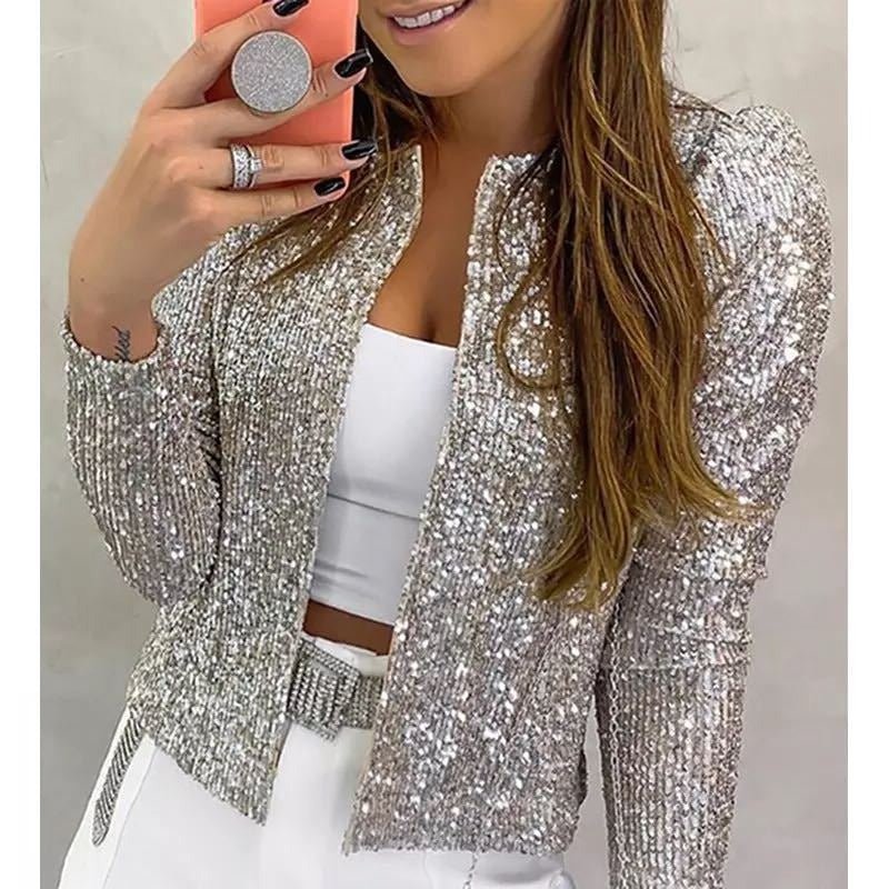 Women's Slim Cropped Sequin Blazer - Silver