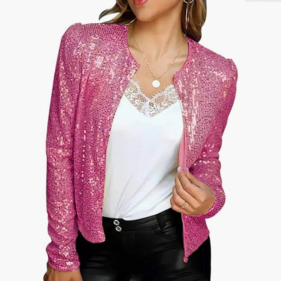 Women's Slim Cropped Sequin Blazer - Pink