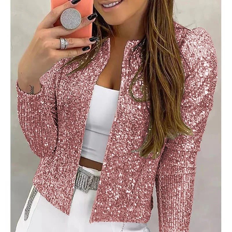 Women's Slim Cropped Sequin Blazer - Light Pink