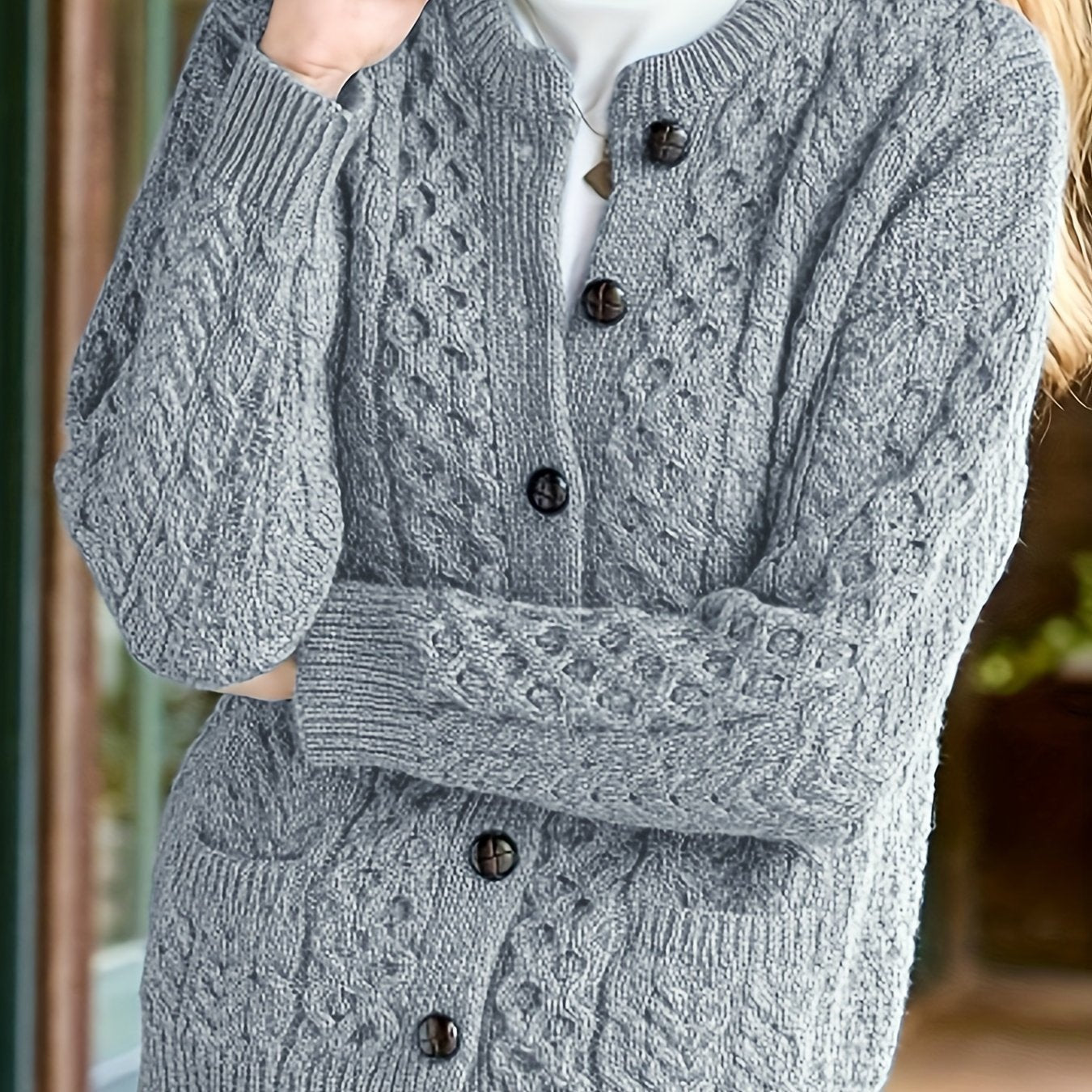 Women's Cable Knit Wool Cardigan - Silver Grey