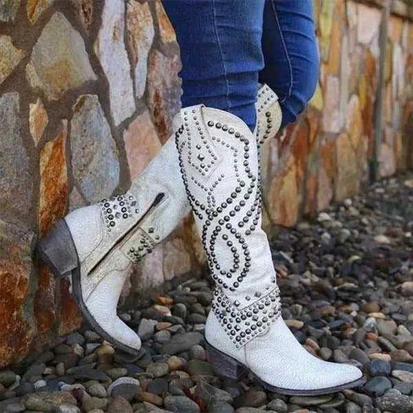 Women's Studded Western Cowboy Knee-High Boots - White