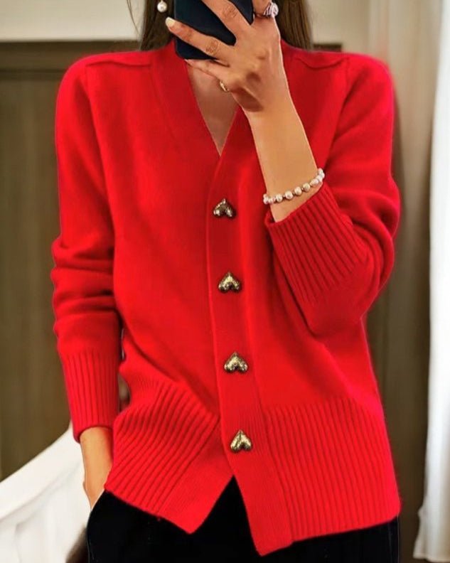 Women's Oversized Knit Wool V-Neck Cardigan - Red