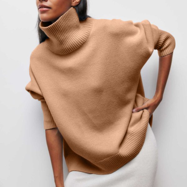 Women's Chunky Oversized Wool Roll Neck Jumper - Khaki