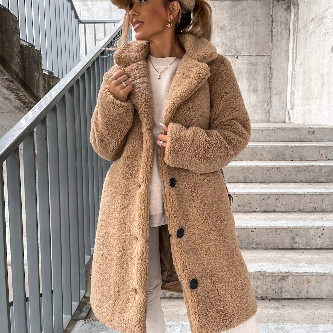 Women's Oversized Longline Teddy Coat - Beige