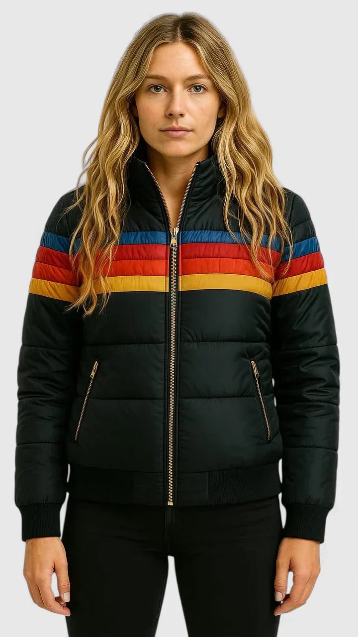 Women's Striped Puffer Jacket - Black