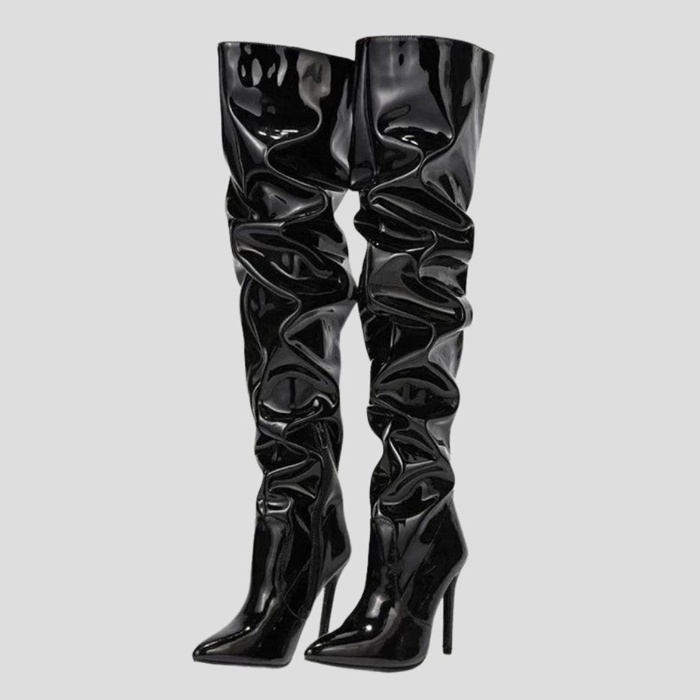Women's Patent Leather Thigh-High Over-the-Knee Boots - Black