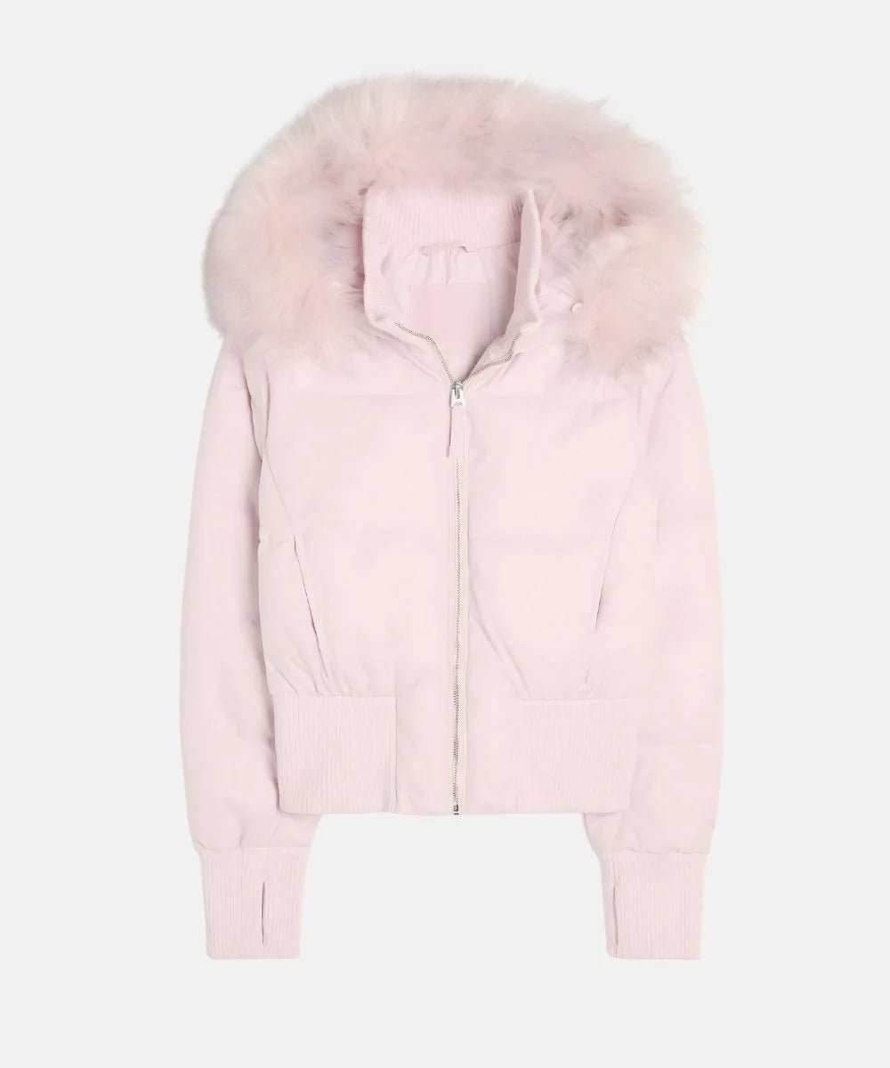 Women's Cropped Faux Fur Puffer Jacket - Pink