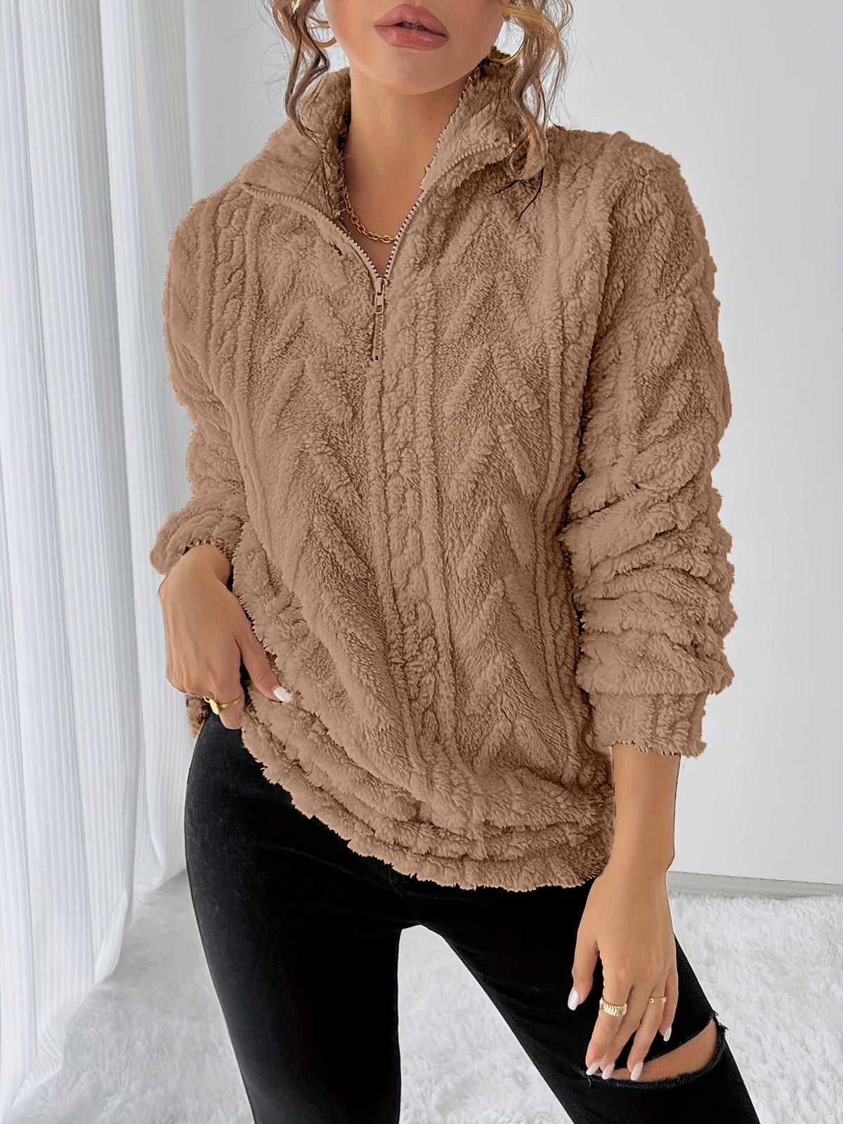 Women's Oversized Quarter-Zip Fleece Cable Knit Jumper - Khaki