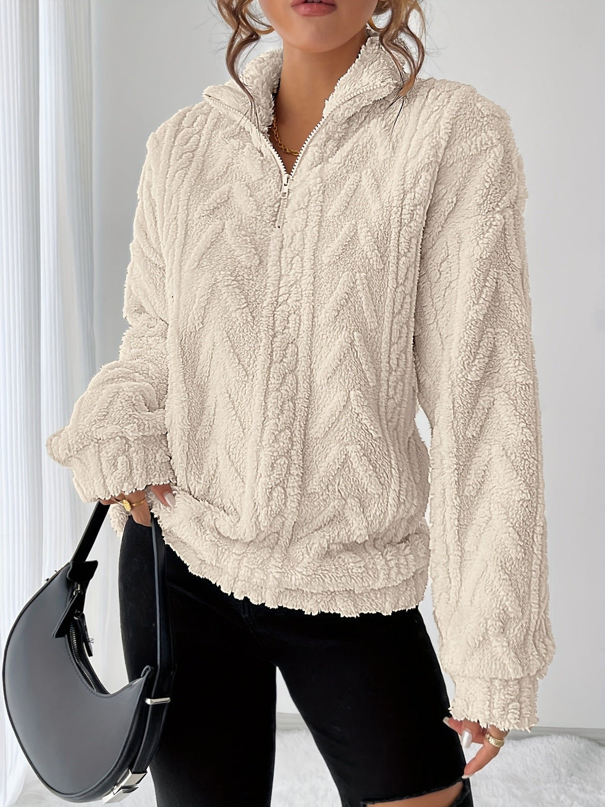 Women's Oversized Quarter-Zip Fleece Cable Knit Jumper