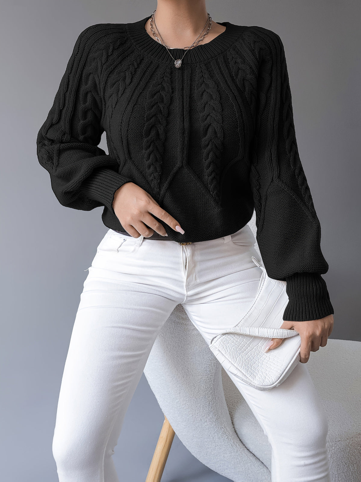 Women's Chunky Cropped Cable Knit Wool Jumper