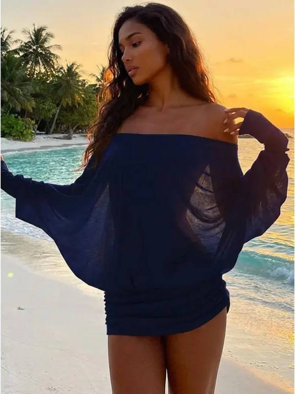 Women's Long Sleeve Off-Shoulder Bodycon Mini Party Dress - Navy Blue