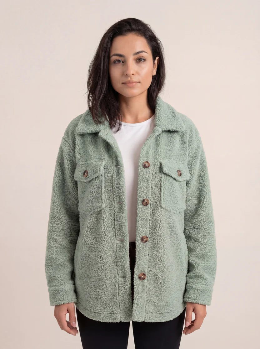 Women's Sherpa Fleece Teddy Shacket - Green