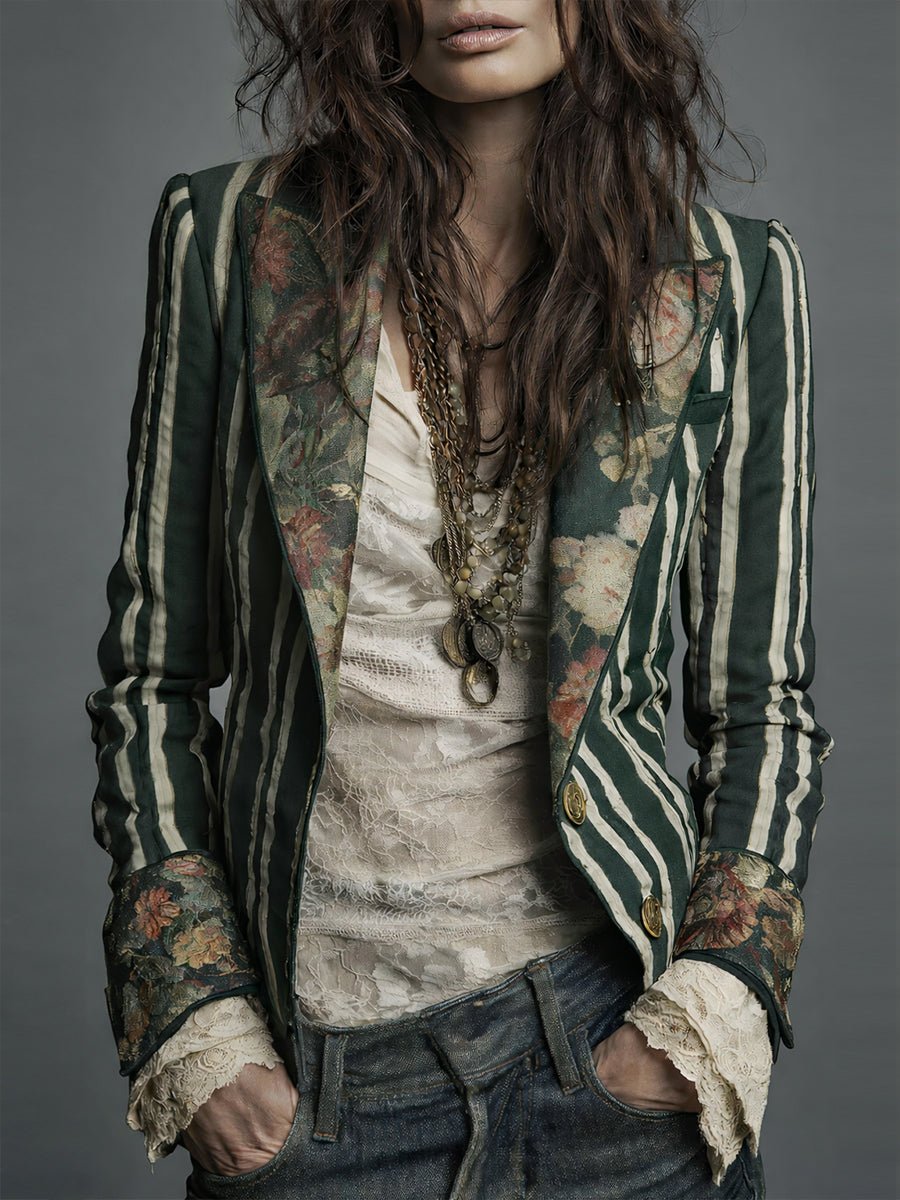Women's Striped Satin Blazer - Dark Green