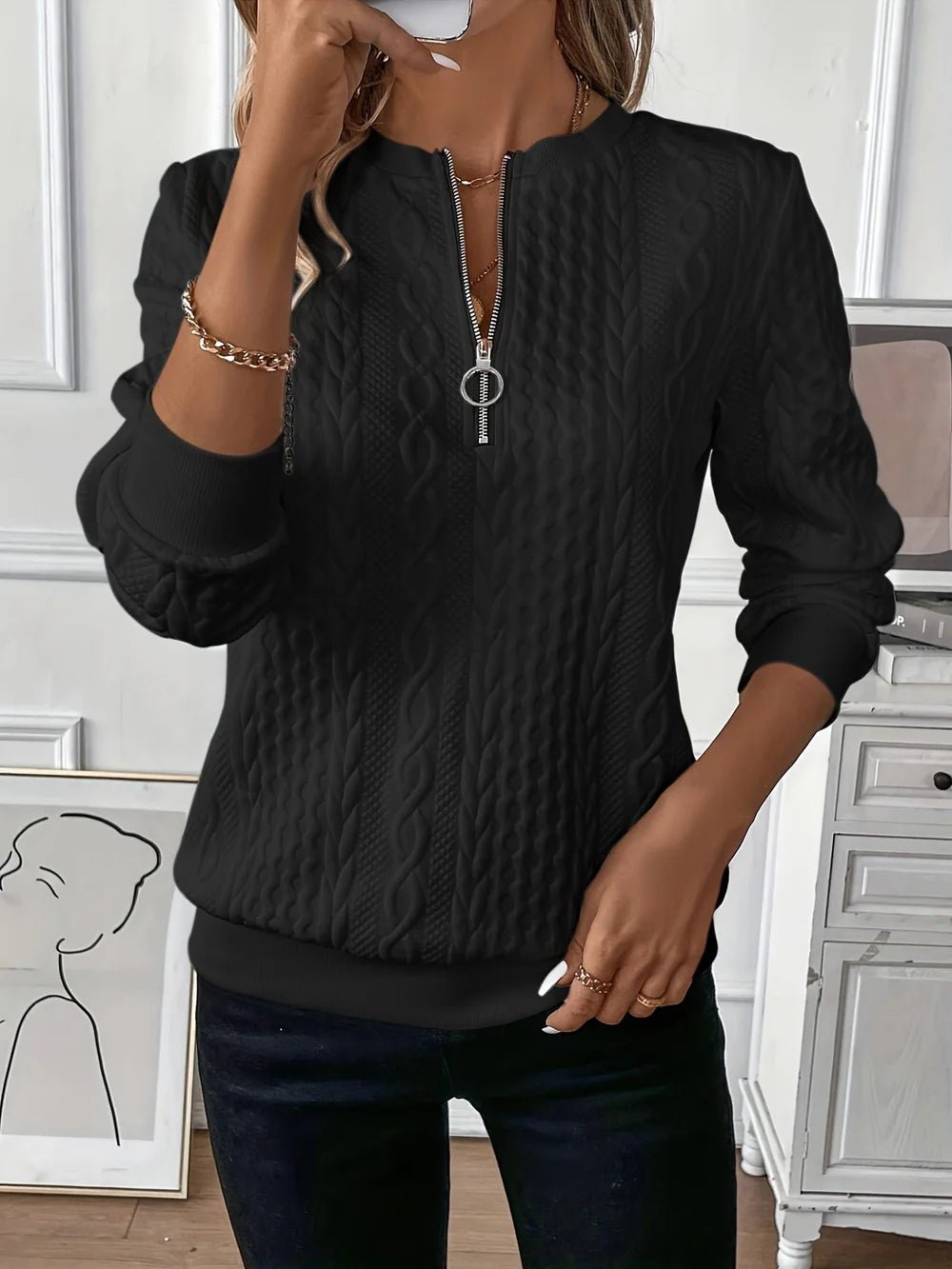 Women's Cable Knit Quarter-Zip Jumper - Black
