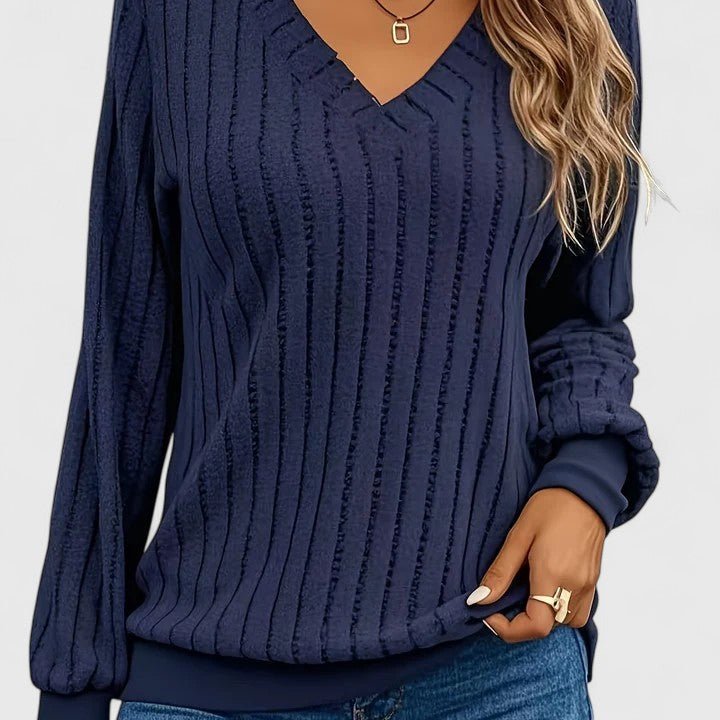 Women's Knit Ribbed V-Neck Jumper - Navy Blue