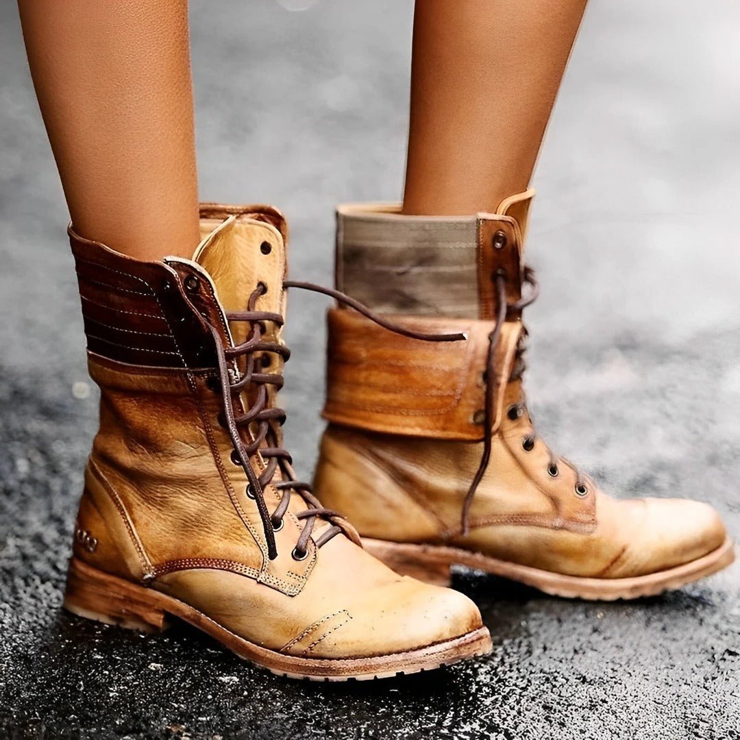 Women's Leather Combat Boots - Khaki